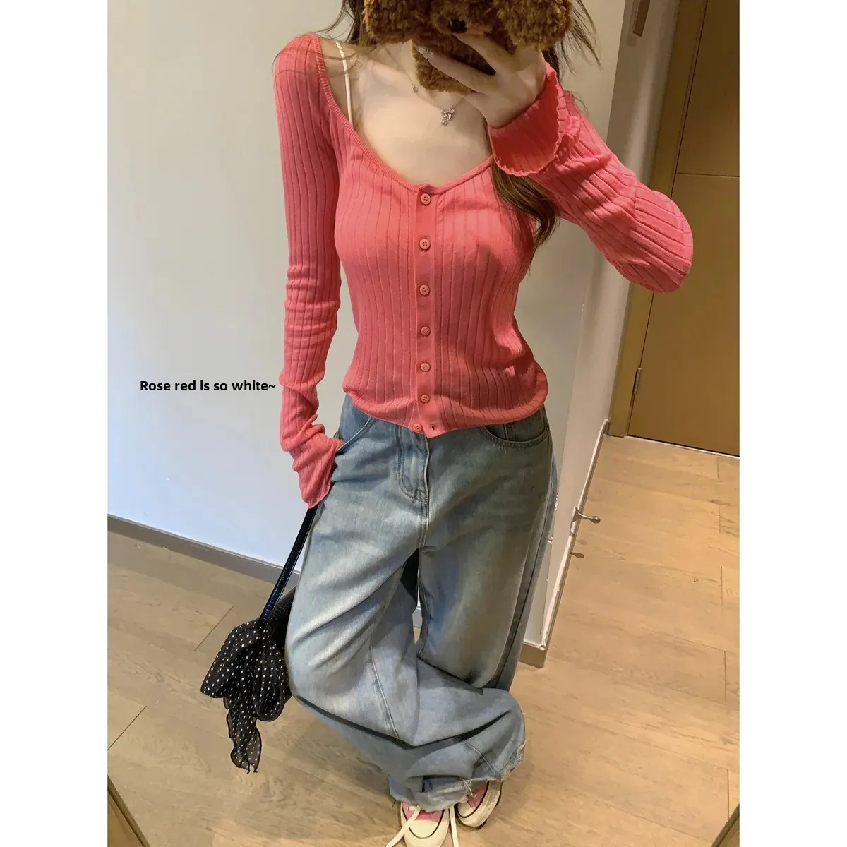 Осень 2024 однобортный кардиган в рубчик с квадратным воротником американском