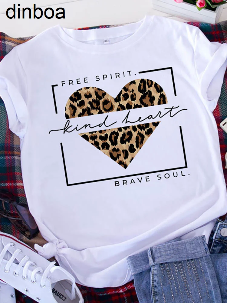 

T-shirt Graphic Printed t Shirt Free Spirit Brave Soul Women Short Sleeve Leopard Love Tshirt Valentine's Day Heart Woman Tee