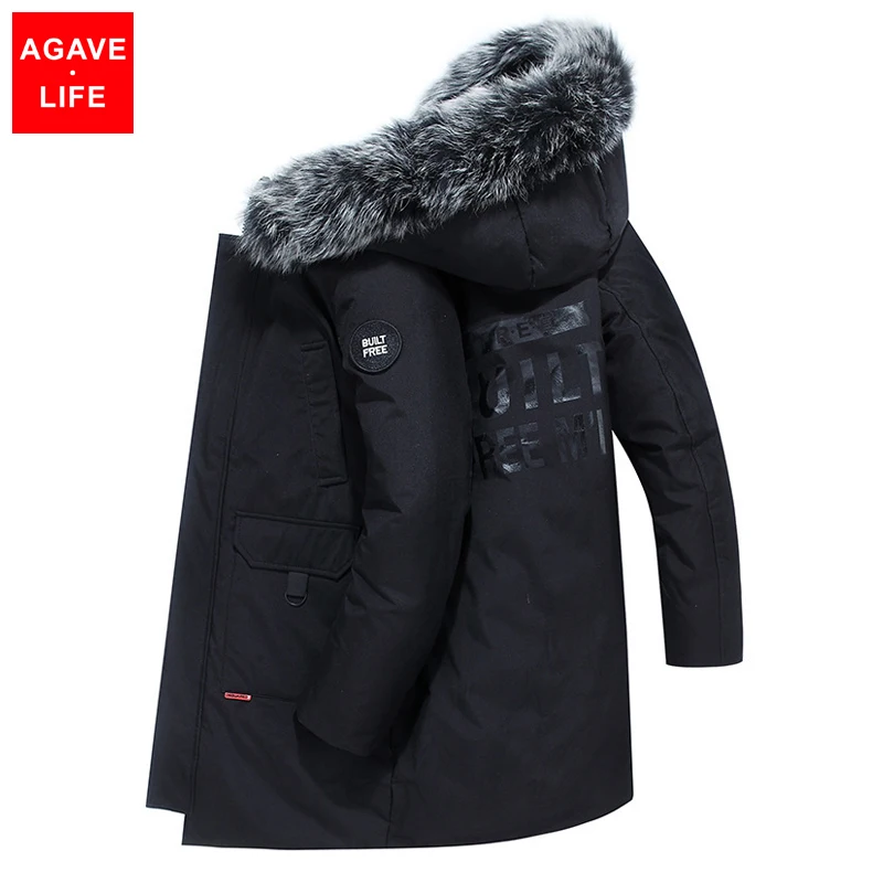 White Duck Down Men's Down Jackets Youth Student Men Mid-length Loose Down Coat Mink Big Fur Collar Thick Warm Men Cotton Jacket
