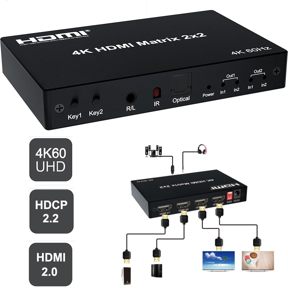 

4K 60 Гц 2x2 HDMI матричный коммутатор 2 в 2 выхода HDMI переключатель сплиттер аудио экстрактор видео конвертер для PS4 ноутбука ПК к ТВ монитору