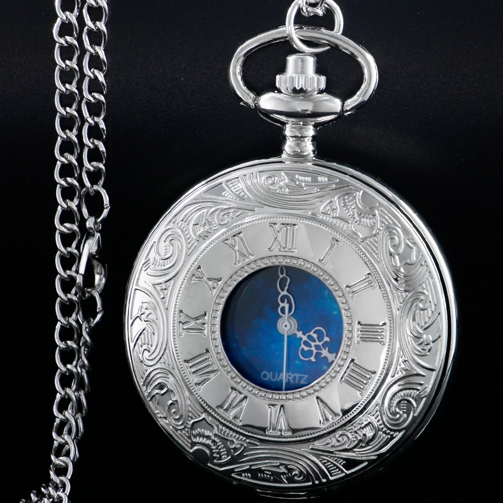 Deluxe Silver Romantic Star Theme Pocket Watch Women's Men Vintage Necklace Roman Digital Scale Quartz Chain Fob Watches