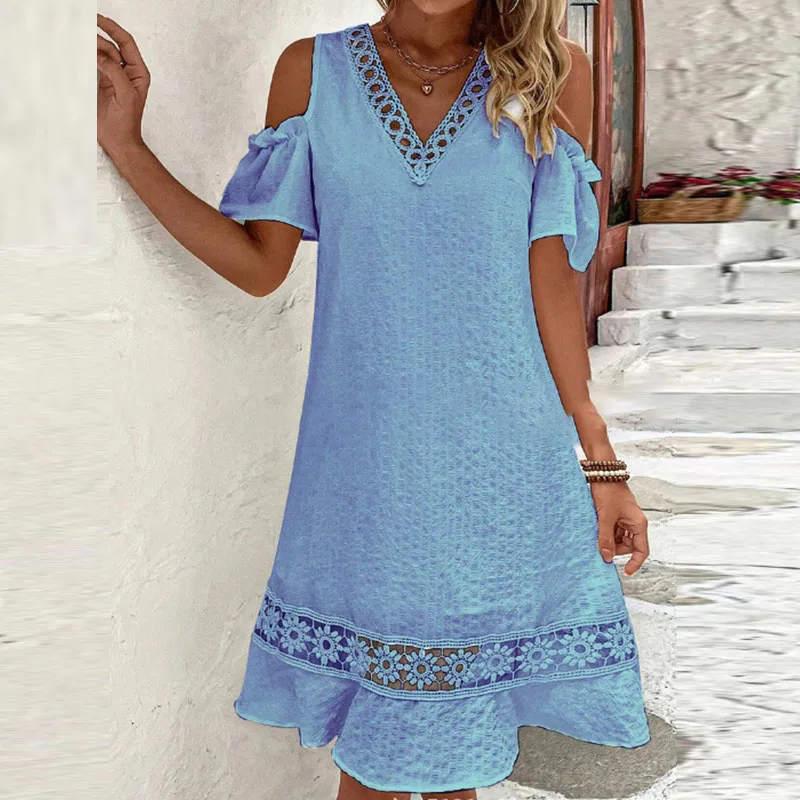 

Women Casual Short Sleeve A-Line Dress Summer V Neck Off Shoulder Loose Dress Elegant Hollow Lace Patchwork Cotton Linen Dresses