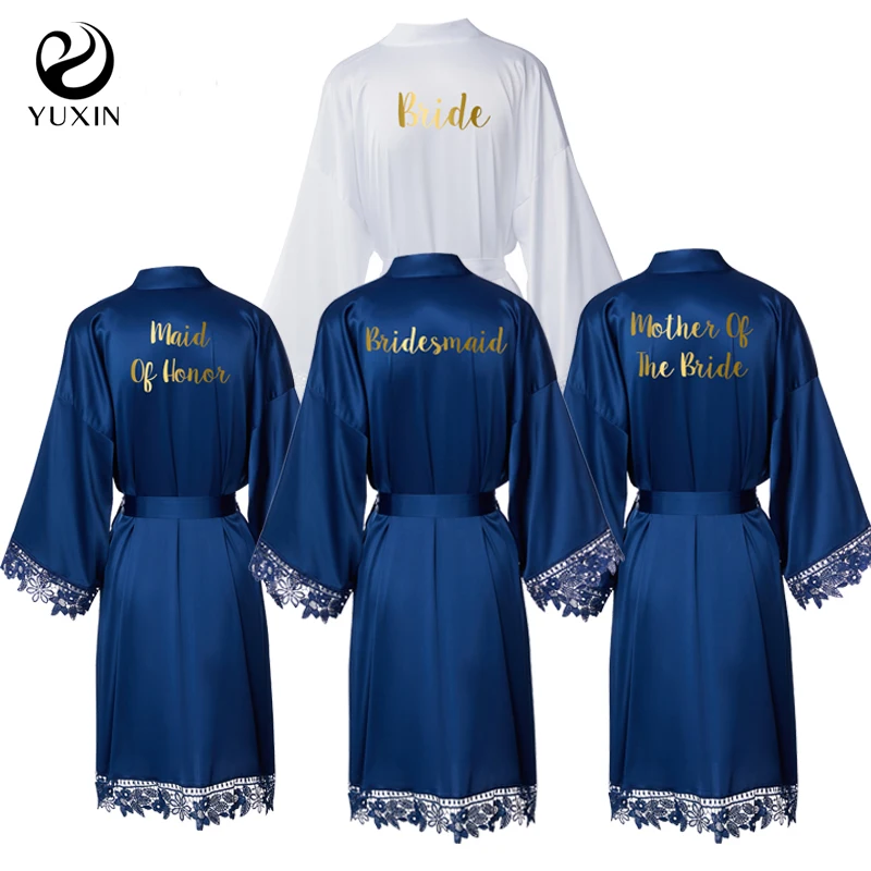 

YUXINBRIDAL Women 2020 New Bride Bridesmaid Robe Silky Matt Satin Lace Bridal Robes Wedding Gift Bathrobe Kimono Sleepwear Navy