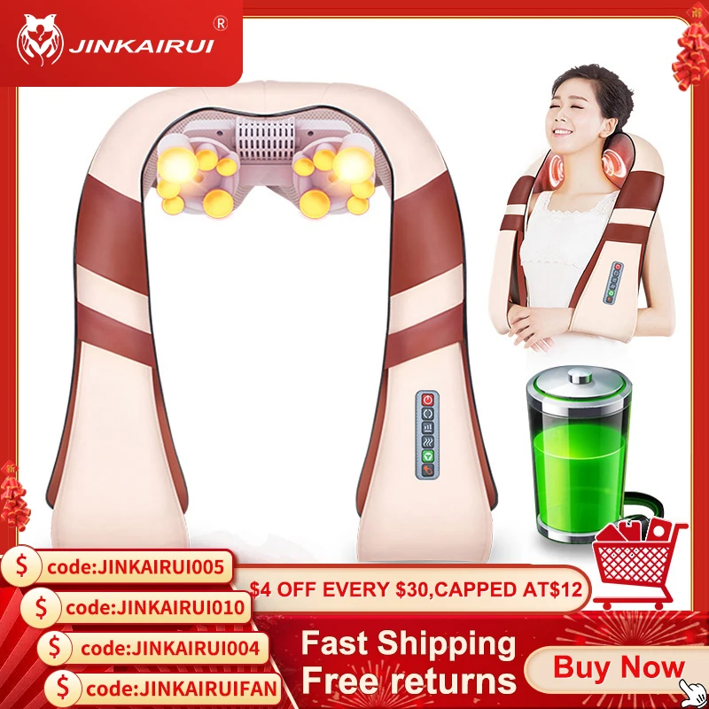 

JinKaiRui Cordless Plug In Neck Back Shiatsu Massager 3D Deep Kneading Portable Full Body Massagem with Heat Relieve Pain