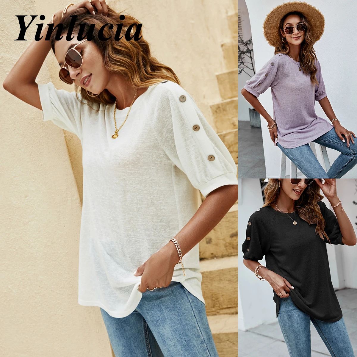 

2022 New Tops Women Blouses Button Short Sleeve Tee Loose Solid Color T Shirt Casual Street All-Match Y2K Vintage Wear Summer