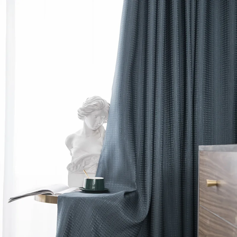 

Nordic Curtains for Living Room Plain Small Checkered Texture Cortina Black Silk Blackout Curtains Bedroom Jacquard Drape Window