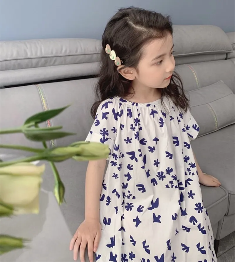 

Летние детские платья, платье для девочек, хлопковое свободное синее платье с коротким рукавом и принтом