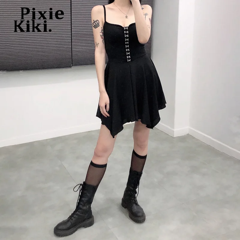 

PixieKiki Gothic Dark Black Dresses for Women 2022 Summer Irregular Hem Spaghetti Strap Mini Dress Indie Aesthetic P67-CE21