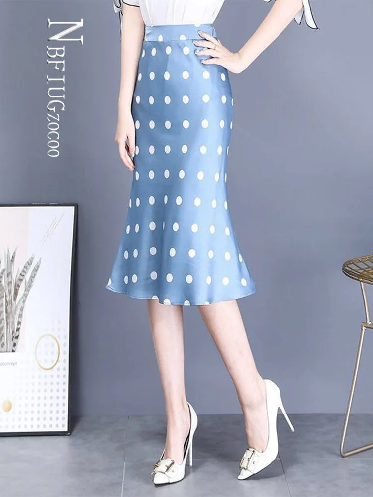

Summer Silk Midi Skirts Womens Korean England Style Dot Satin Office Lady Solid Skirts