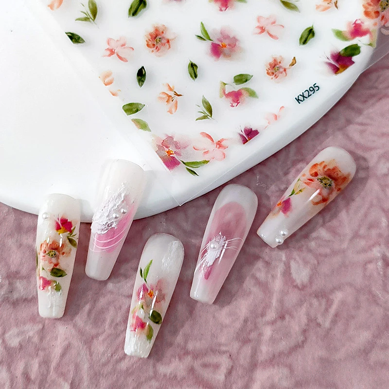 

Elegant Pink Flowers Green Leaf Nail Art Decorations Stickers Rose Cherry Blossoms Diy Sunflower 3D Self Adhesive Manicure Decal