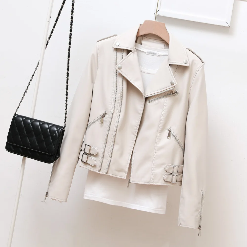 2023 autumn new short leather lapel coat zipper leather jacket
