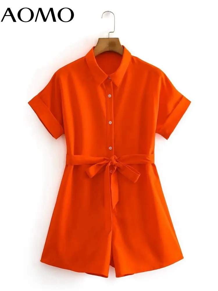 

AOMO Women Orange Playsuits With Belt Short Sleeve Rompers Ladies Casual Chic Jumpsuits 2W87A
