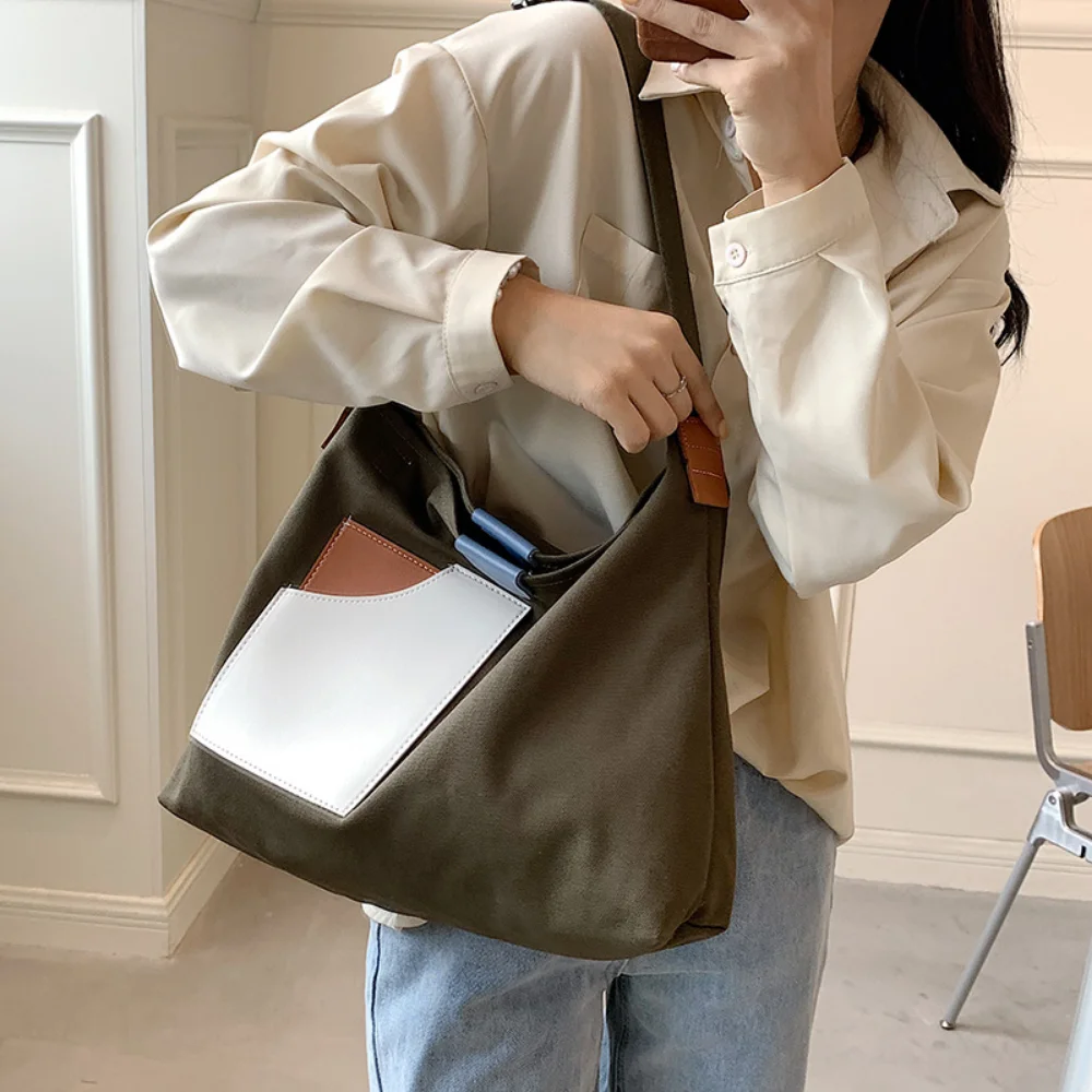 Fashion Patchwork Canvas Shoulder Tote Bags Women Designer Simple Versatile Handbags Large Capacity Female Casual Shopper Bag