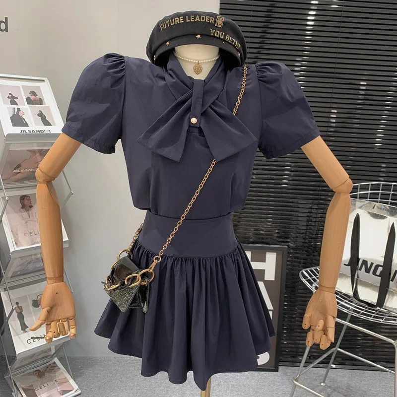 

Sports Leisure Set Women's Summer New puff Sleeve Bow Short Top+High Waist Pleated Short Skirt Two Piece Set
