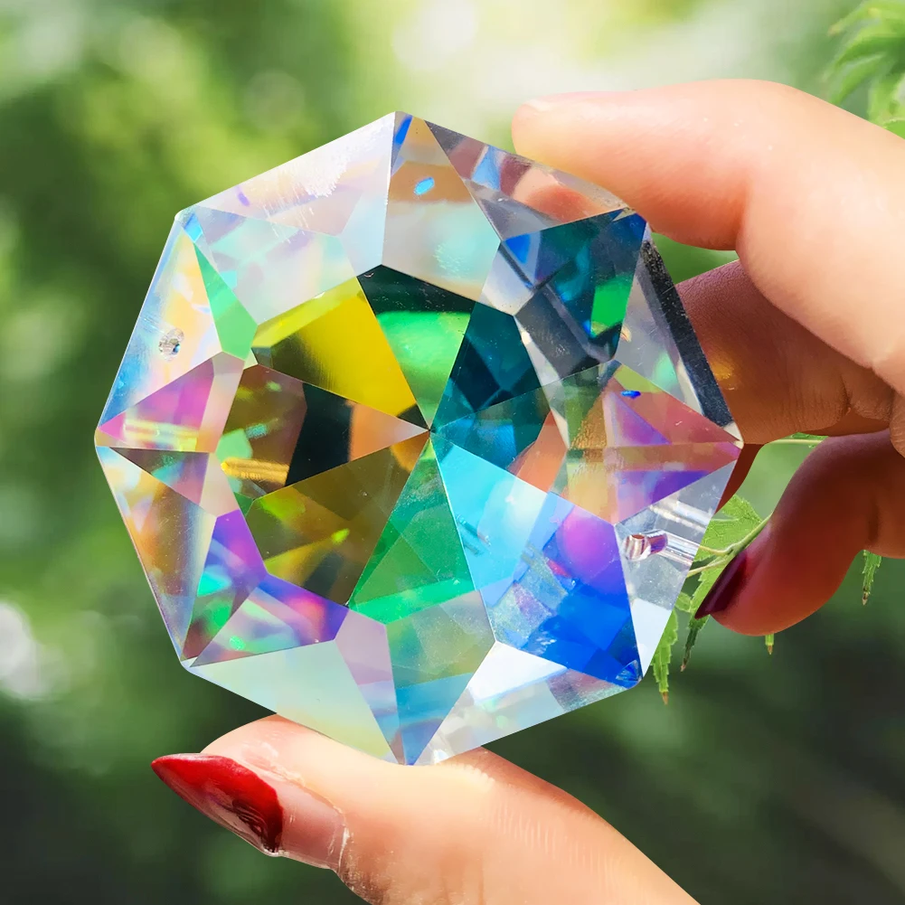 

Laser Carving Diamond Bauhinia Octagon Fire Polished AB Color Crystal Faceted Prism Aurora Sun Catcher Chandelier Pendant Decor