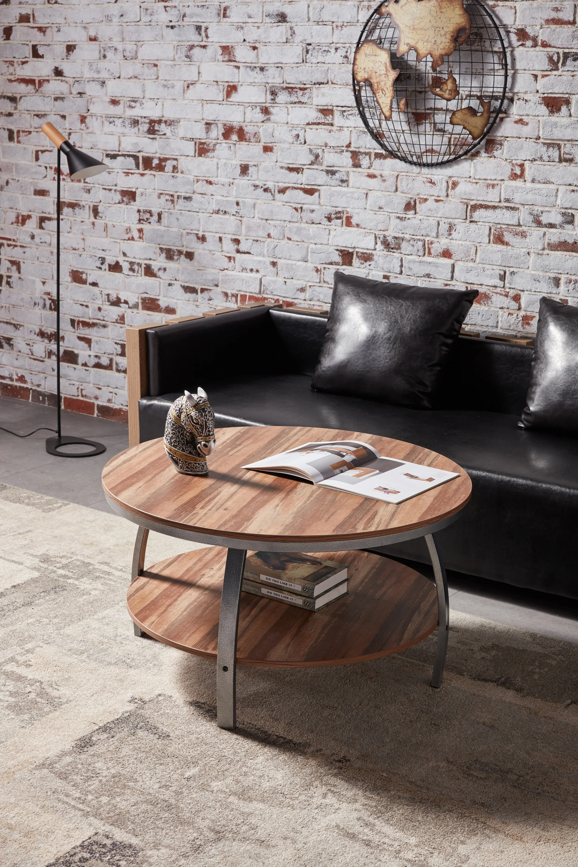 

2-Ярусный круглый журнальный столик с двойной панелью для гостиной и спальни, с металлическими ножками 3D и полкой для хранения.