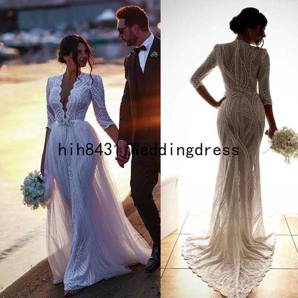 

Elegant Bohemain Mermaid Wedding Dresses Deep V Neck Illusion Lace Bridal Gowns Long Sleeves Wedding Dress Custom Plus Size