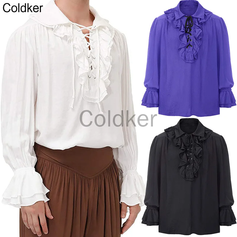 

2022 Black White Solid Color Men's Ruffled Renaissance Clothing Long Sleeve Shirt Medieval Steampunk Pirate Colony Gotics Top