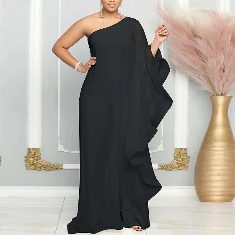 

Fashion Solid Color Jumpsuit Women Sexy Diagonal Neck Off Shoulder Bat Long Sleeve Jumpsuit Elegant Party Jumpsuit Women