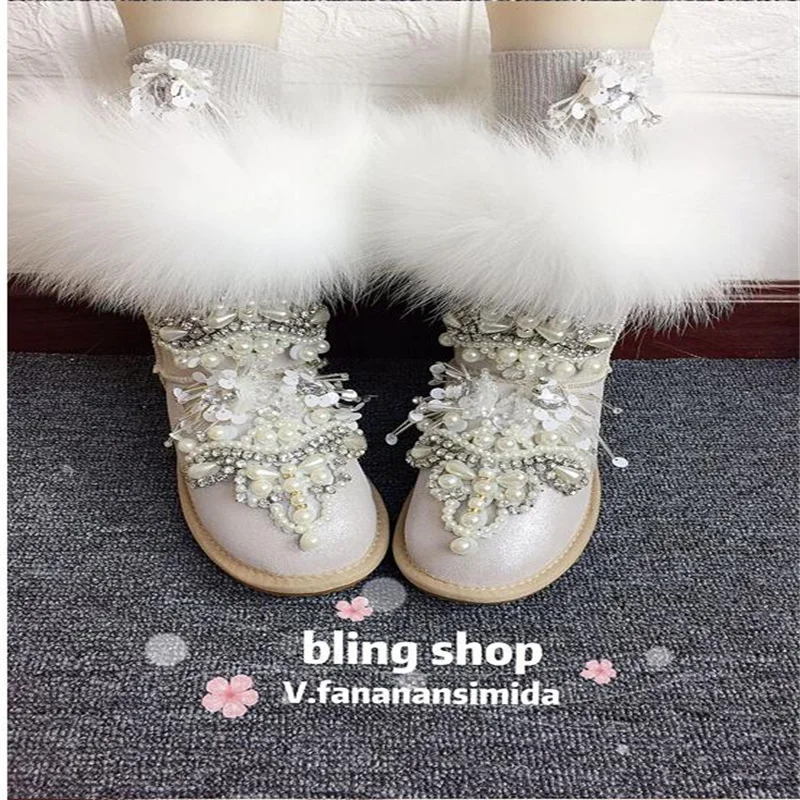 

Short tube pearl bead flower custom women's boots heavy industry fox fur design warm and thick snow boots 35-44