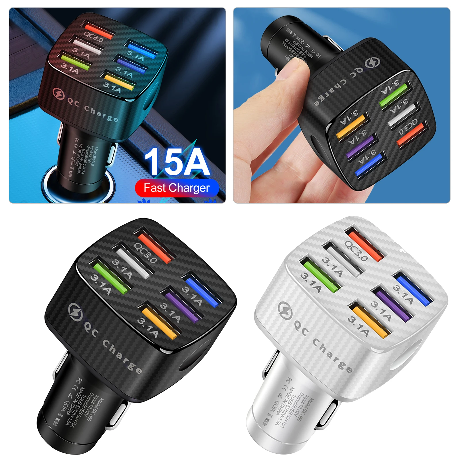 Купи 15A Car Charger 6 USB Ports 12V/24V Car Charger Adapter Fast Charge Car Cigarette Lighter Dispenser for Phone iPhone Xiaomi 12 за 235 рублей в магазине AliExpress