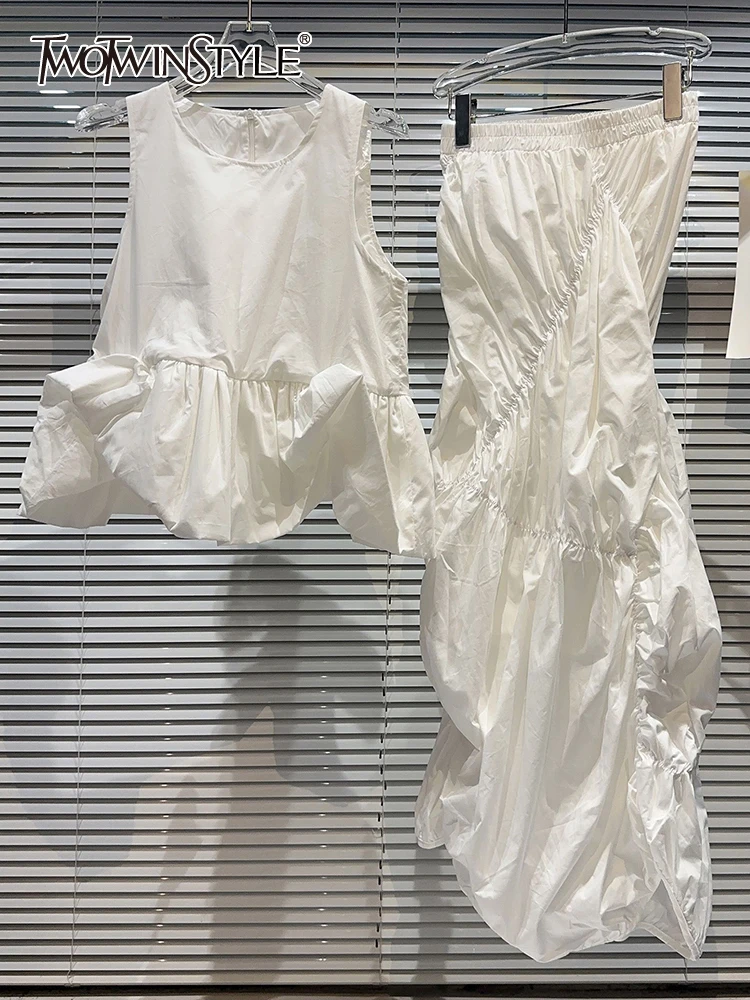 

TWOTWINSTYLE Patchwork Ruffles Two Piece Sets For Women Round Neck Sleeveless Top High Waist Solid Skirt Chic Set Female 2023