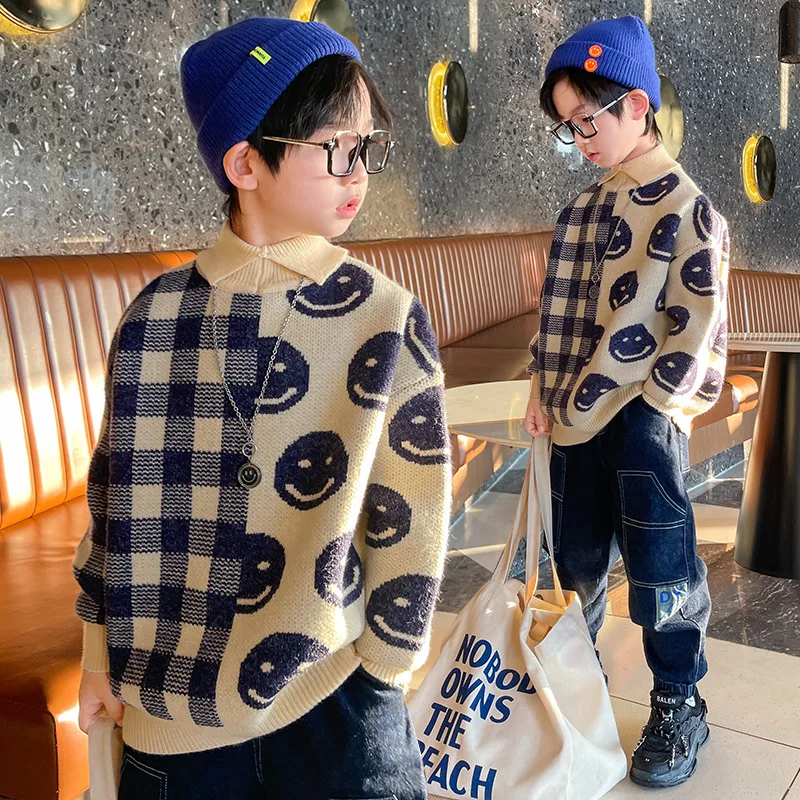

Autumn Children Clothes Plaid Boys Plaid Print Sweaters 8 10 Years Winter Turn Down Collar Fashion Casual Children Boys Clothes