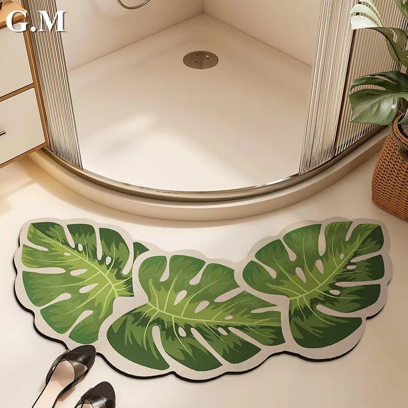 

Green Leaf Shape Mat Super Absorbent Non Slip Bathroom Rug Bathtub Side Rugs Shower Room Floor Mats Entrance Doormat Toilet Mat