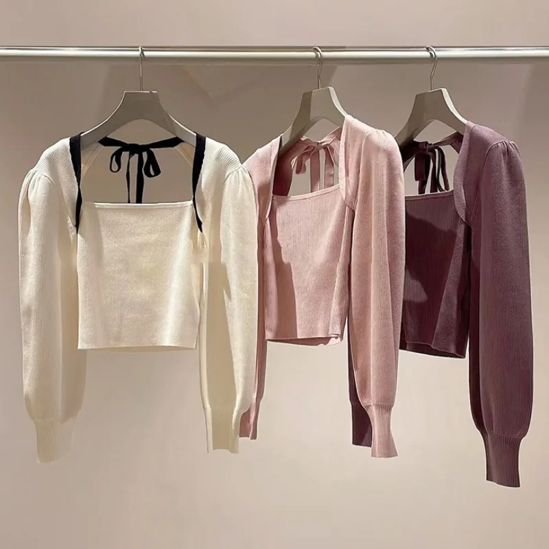 Элегантный пуловер с квадратным воротником на завязках сзади свитер в японском