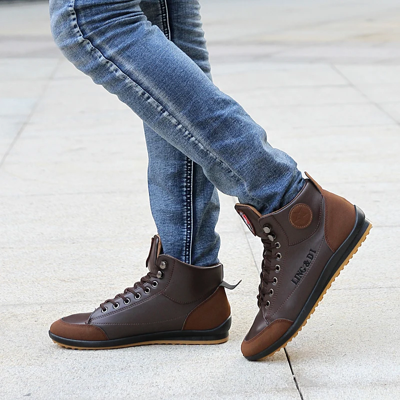 Classical Men's Shoes Artifical Leather Trend Leisure Shoes Lace-up High-top Outdoor Walking Boots Size 39-46