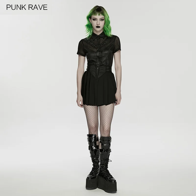 Фото Женская плиссированная юбка PUNK RAVE в стиле киберпанк из высококачественного шифона с боковыми пряжками на талии, стильная черная мини-юбка WQ-936B №1