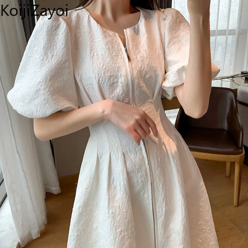 

Koijizayoi Elegant Women Zip Up Maxi Dreess Short Sleeves Summer Chic Dresses Office Lady A Line Bodycon Party Vestidos Korean