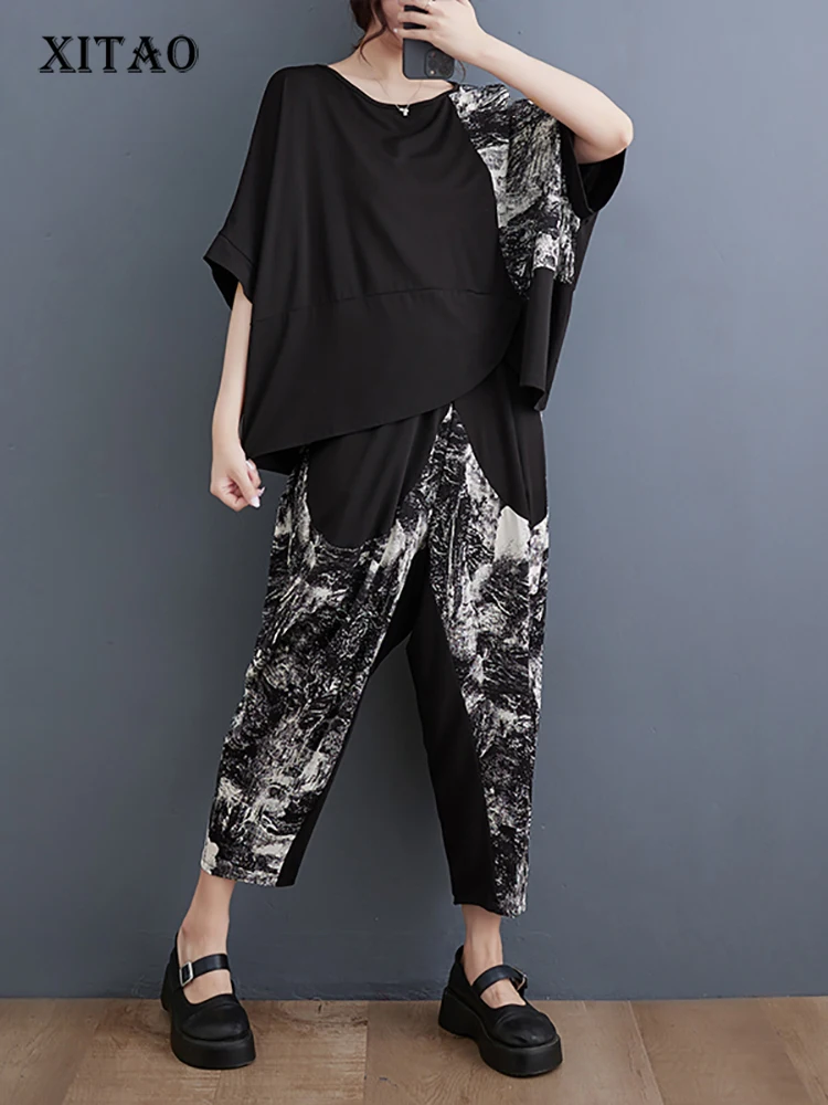 

XITAO Pleated Asymmetrical Print Loose Pant Sets O-neck Pullover Batwing Sleeve Elastic Waist 2023 Summer New Casual DMJ1256