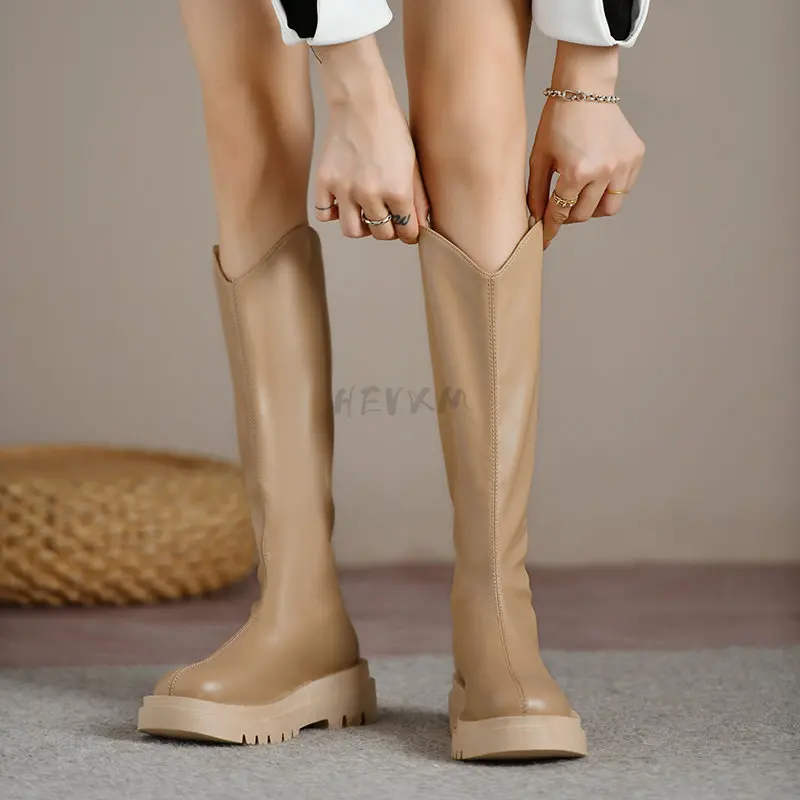 

Зимняя женская уличная обувь, сапоги для верховой езды, сапоги до колена из матовой натуральной воловьей кожи, модные женские сапоги в уличн...