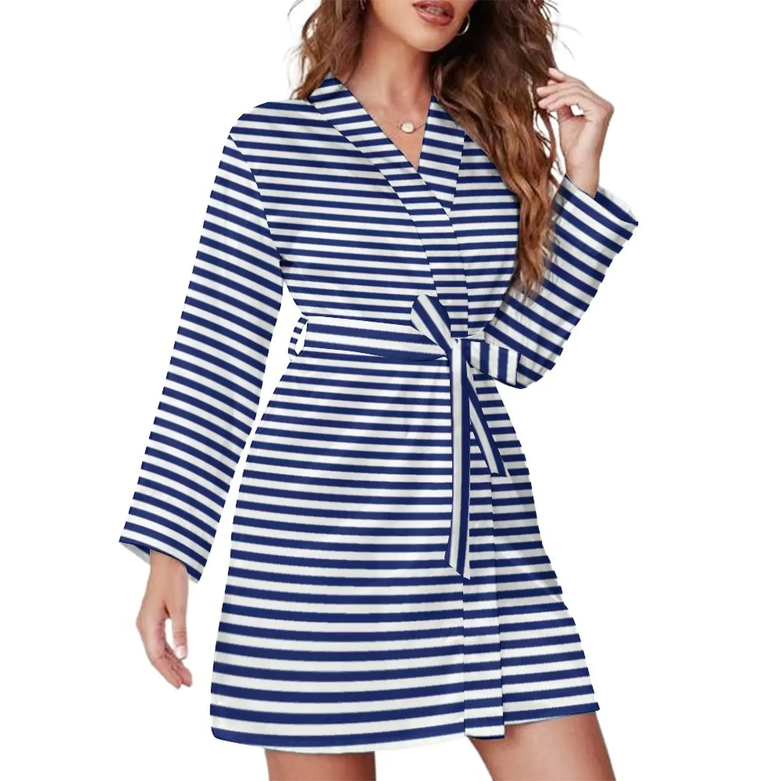 

Navy Blue And White Line Pajama Robe V Neck Stripe Pattern Sleepwear Lady Long Sleeve Elegant Pajamas Robes Aesthetic Dresses