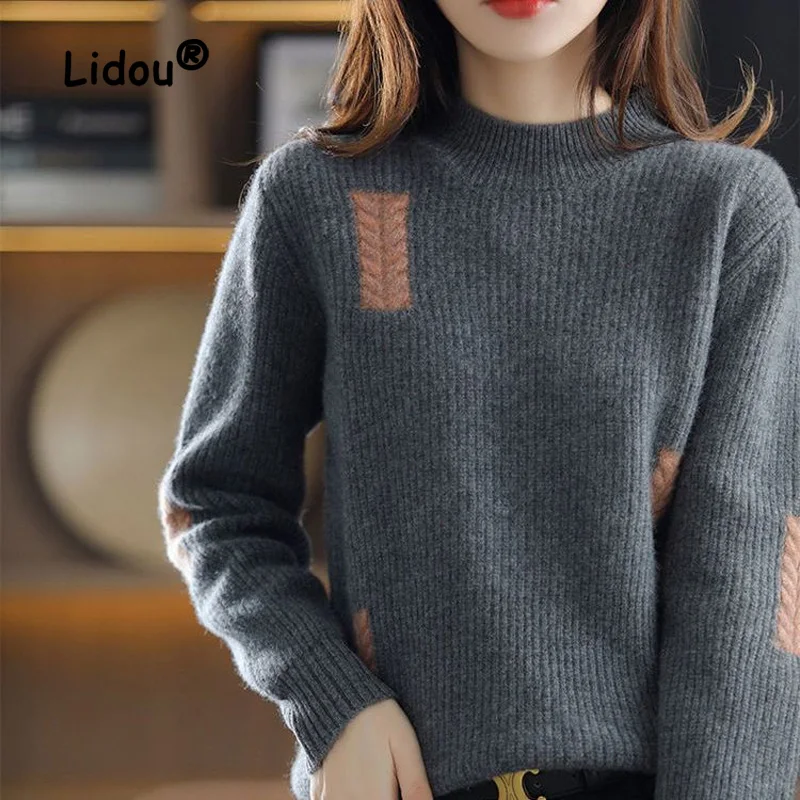 

Mock Neck Color Contrast Loose Korean Sweaters New Autumn Winter Long Sleeve All-match Pullover Knitting Bottoming Shirt Top