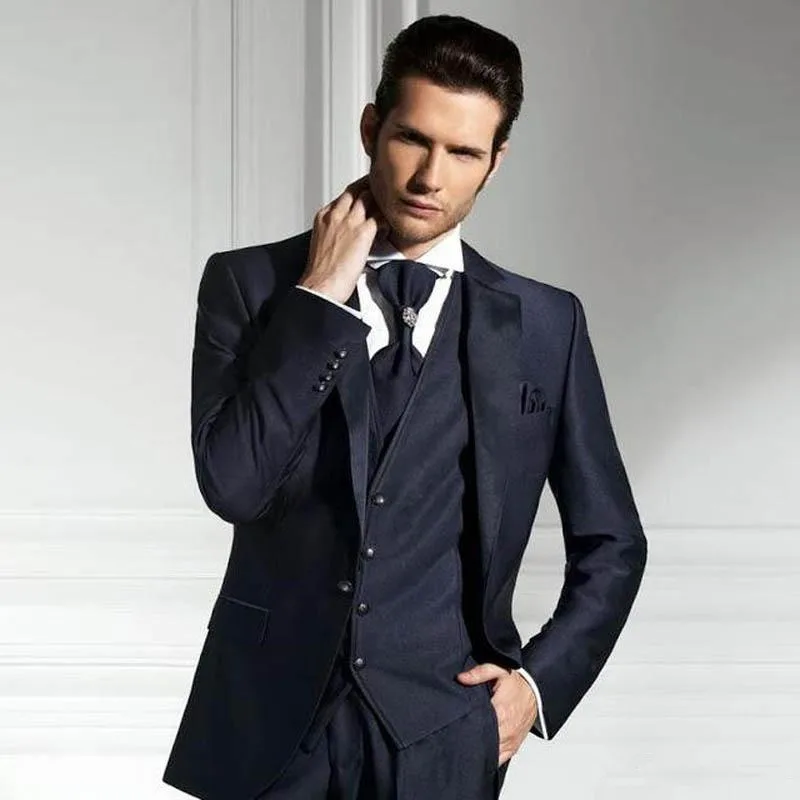 

Customize Groom Tuxedos Navy Blue Men's Suit Jacket Blazers Halloween Costume Elegant For Luxury Man Suit's For Wedding 276