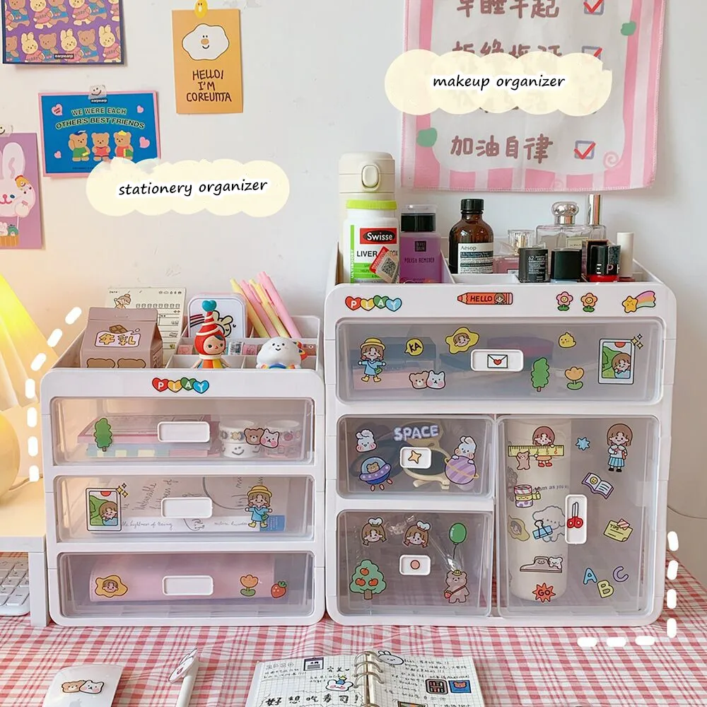 

Прозрачный Настольный органайзер MINKYS Kawaii большой емкости с выдвижными ящиками, настольная коробка для хранения, держатель для ручек, школь...