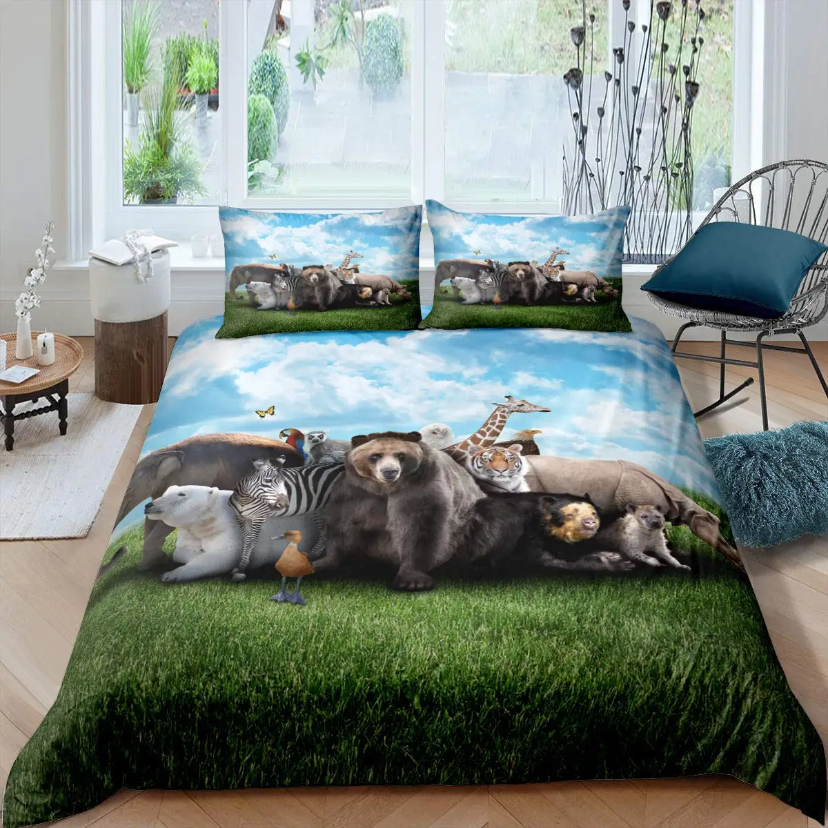 

Cartoon Animals Duvet Cover Set Kids Zoo Polyester Quilt Cover King Size Savannah Tropical Forest Jungle Wildlife Bedding Set