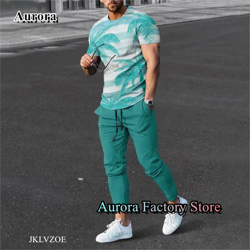 Summer Men's Casual Tracksuit 2 Pieces Palm Trees T-Shirt Trousers Set Jogging Suit Fashion Outfit Male Beach Style Streetwear
