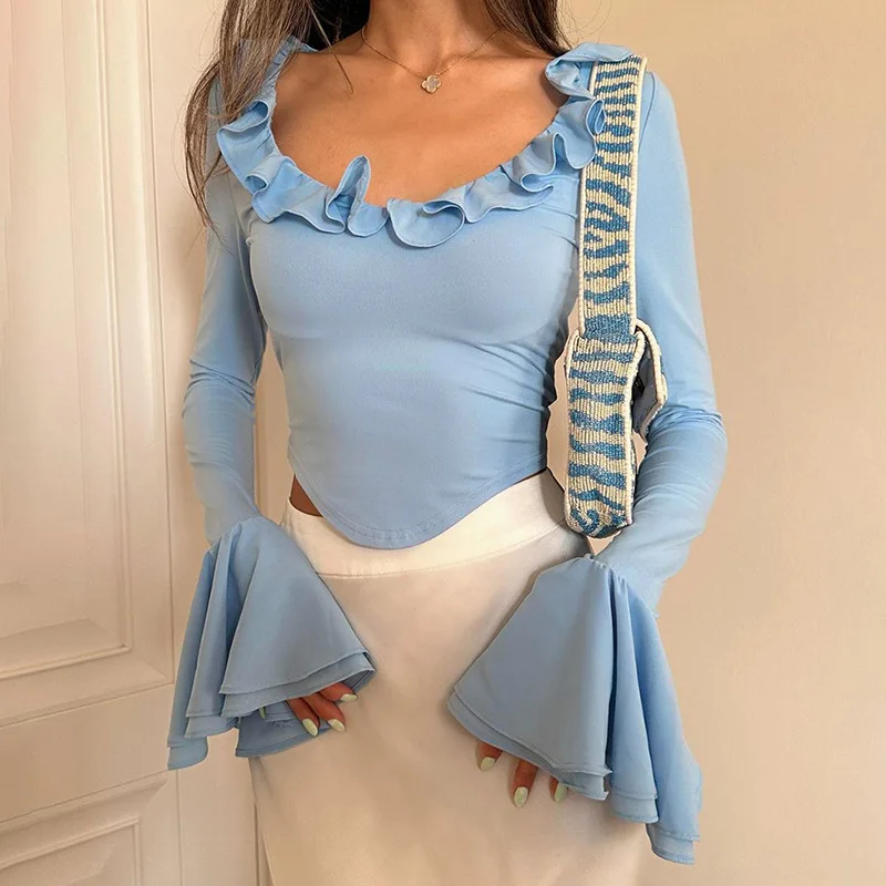 

Elegant Frill Ruffle Flare Sleeve Tops Women Autumn Y2K Sexy Long Sleeve Slim Blue Cropped Tops 2023 Solid Party Club Clothes