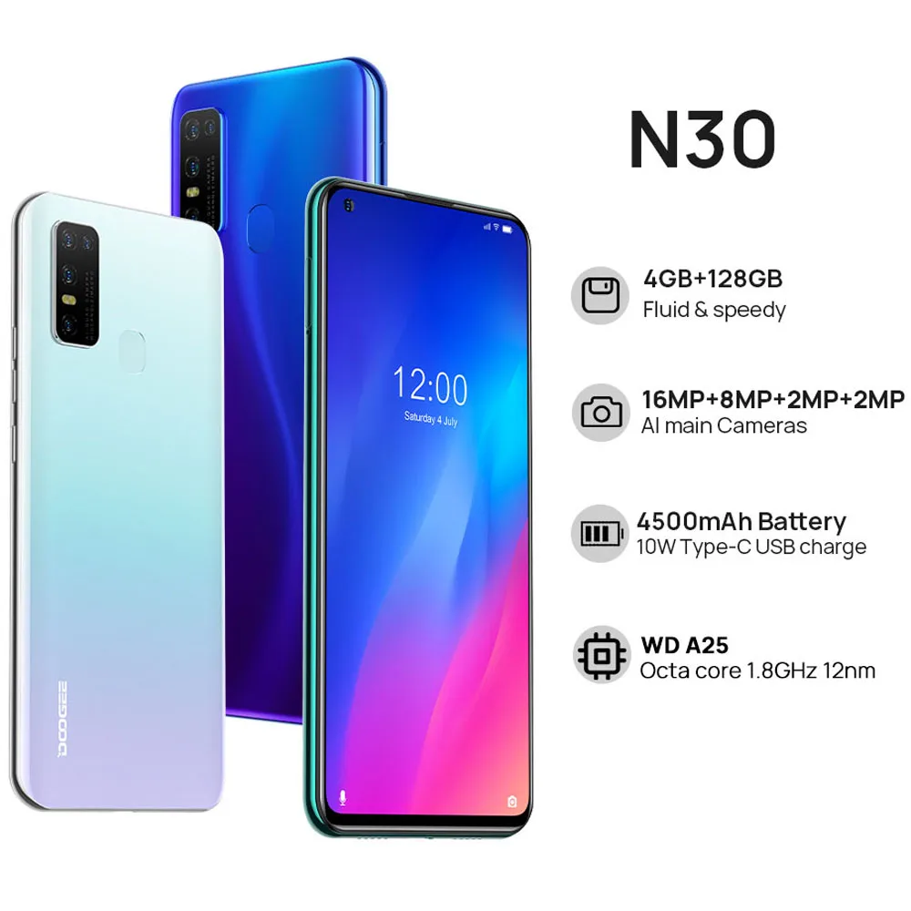 

Смартфон DOOGEE N30, 6,55 дюйма, 16 МП, 128 ГБ, Android 10