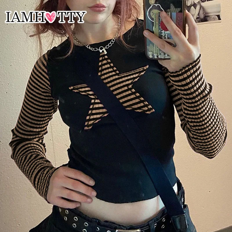 

IAMHOTTY Y2K Star Striped Print Contrast Patchwork Cropped Top Harajuku Slim Pullovers Long Sleeve Cute Casual T-shirts Vintage
