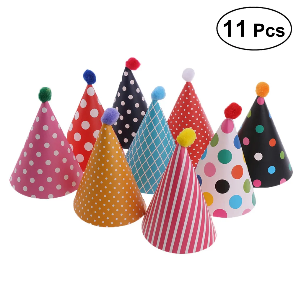 

11pcs Cake Birthday Party Cone Hats with Pom Poms