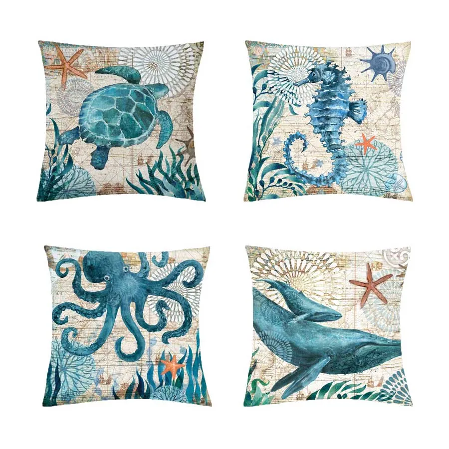 

YWZN Turtle Pillow Case Sea Style Octopus Printing Polyester Throw Pillow Case Cover Sea Pillowcases kussensloop