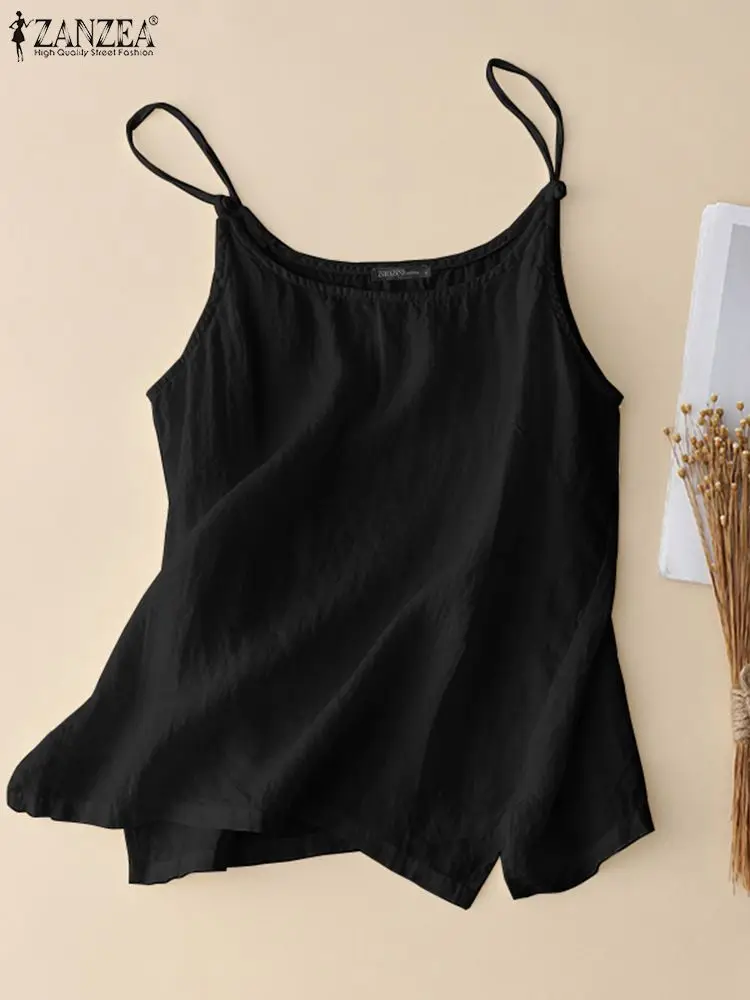 

ZANZEA Vintage Loose Tanks Tops Women Spaghetti Strap Blouse Summer Beach Camis Vest Cotton Shirt Causal Tunic White Black Tops