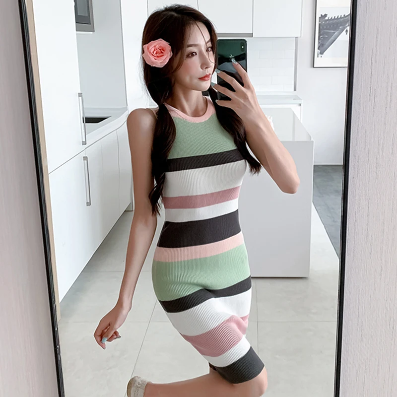 

Korean Fashion Sweet Patchwork Striped Knitting Vest Dress Women 2022 Summer Sleeveless Elegant Knee-Length Pencil Dresses Blue