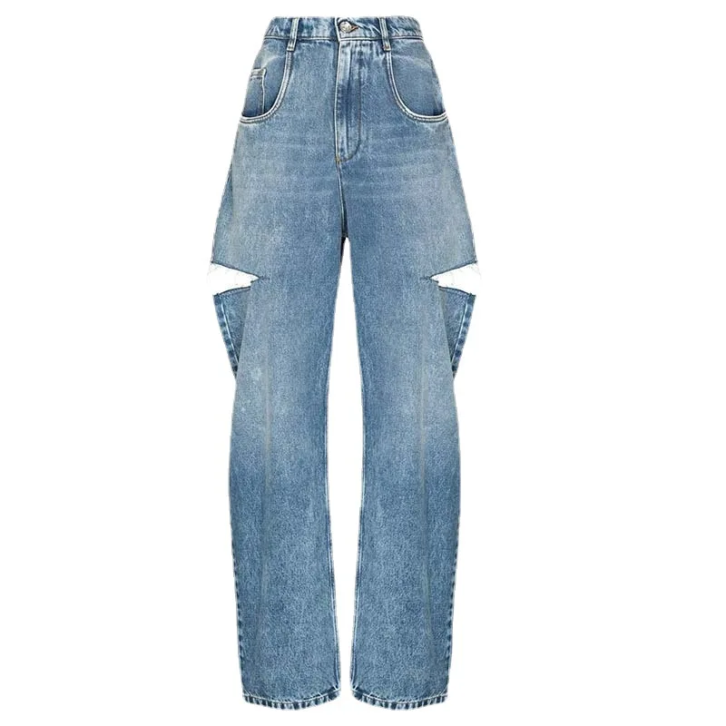 

Maison Margiela Jeans Women 22SS Fashion New MM6 Women's Ripped Hole High Waist Wide Leg Jeans Baggy Pants Hollow Jean Trousers