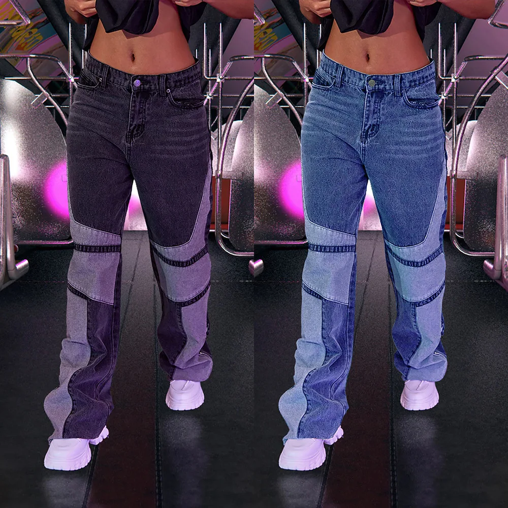 

Blue Baggy Jeans Spring Autumn Women Vintage Patchwork Wide Leg Denim Pants Woman Casual Hip Hop High Waist Black Straight Jeans