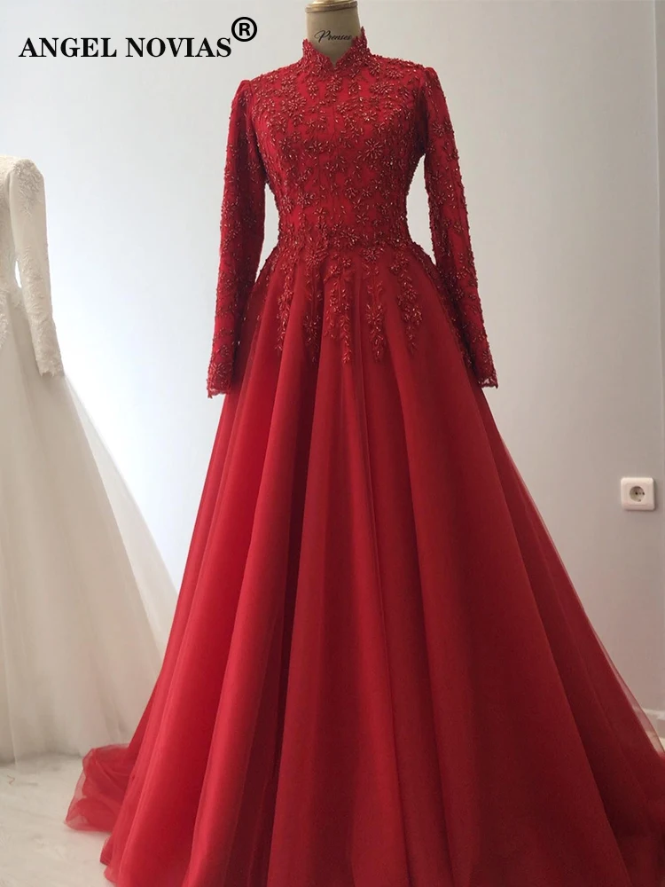

Long Sleeves Red High Neck Muslim Women's Evening Dresses with Beadings Wedding Party Dress Vestidos De Noche